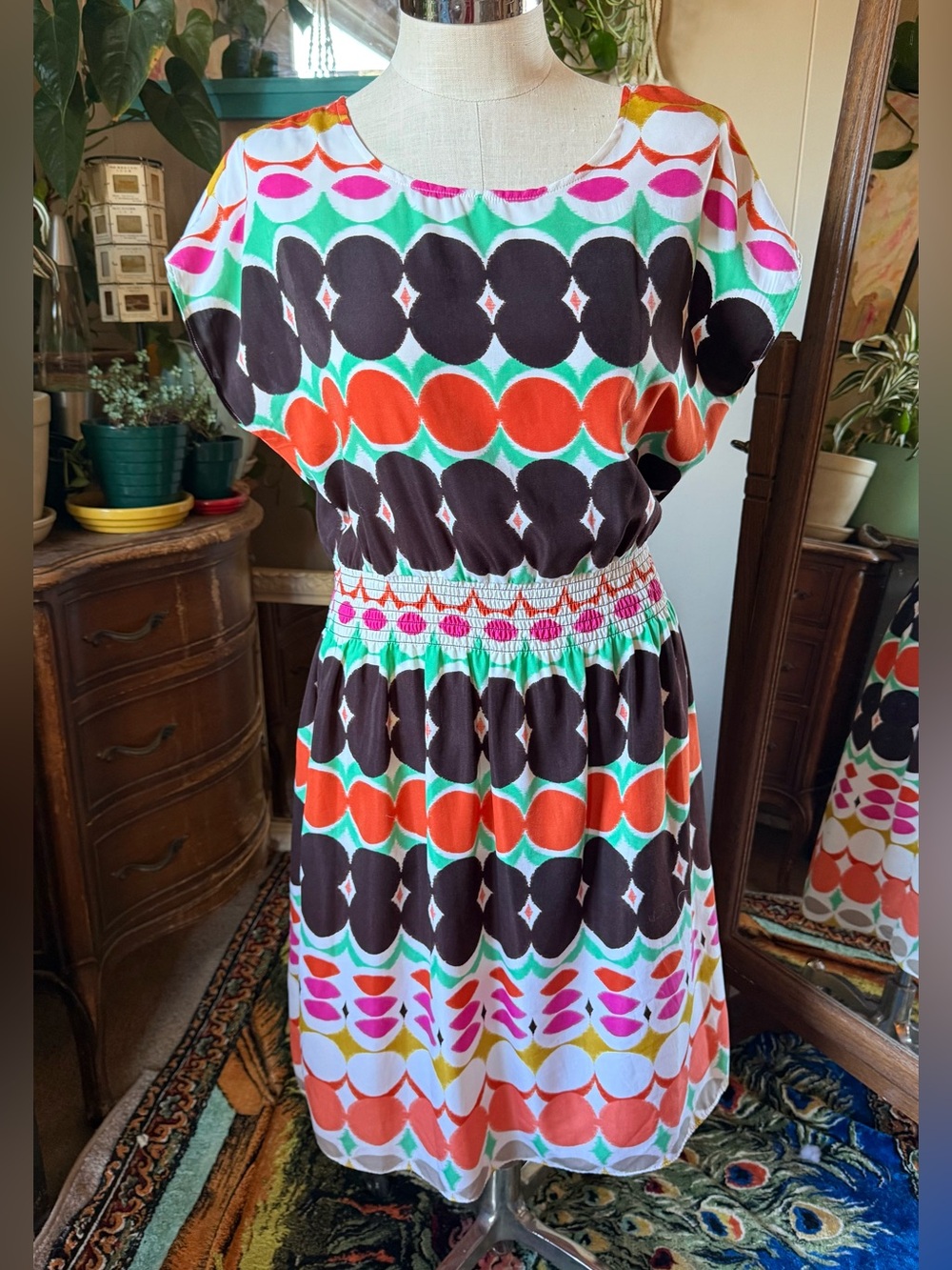 Dressbarn Vibrant Multi-Color Smocked Waist Dress, size 12